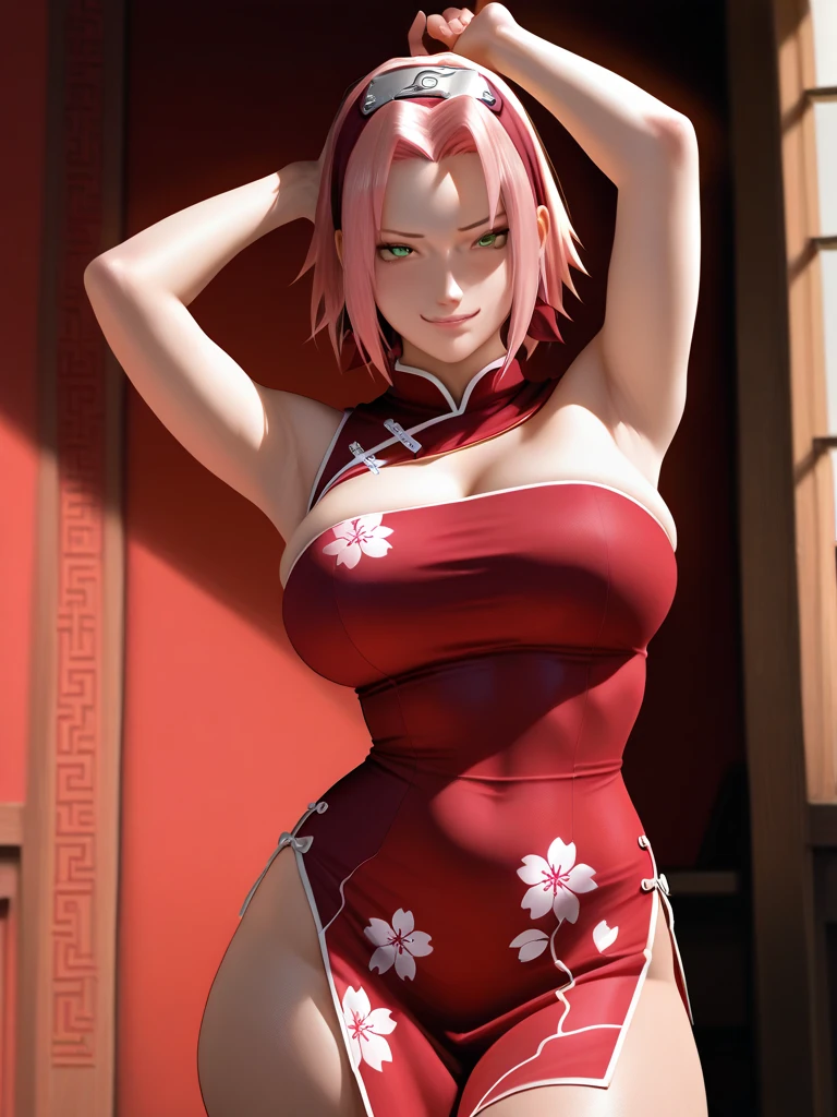 Realistic, Photorealistic,cowboy shot,masterpiece, absurdres ,1girl, haruno sakura, forehead mark, red hairband, red sleeveless dress, white pants, navel, groin, bracelet, looking at viewer, smile, cherry blossoms, private garden, wind, floating hair, large breast ,(((wide hips))), toned body, detailed eyes,