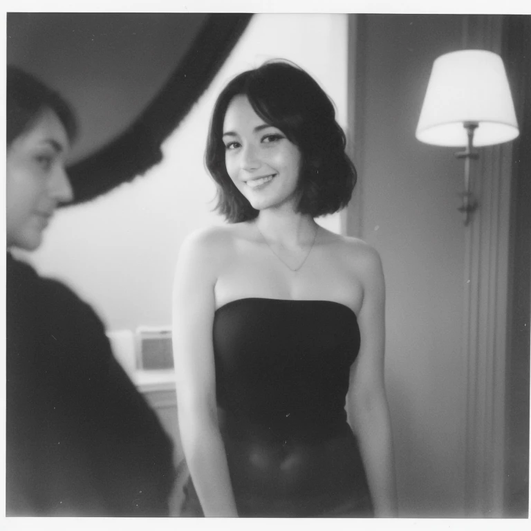 woman posing for a photo(flapper_Dress:1.Wearing 3)、A smile、 Good Hand、4K、hight resolution、​masterpiece、top-quality、headw:1.3、((Hasselblad photo))、Fine skin、Sharp Focus、(lighting like a movie)、鎖骨、natta、Soft lighting、dynamic ungle、[:(详细的脸:1.2):0.2]、(Bars in the 1920s)、L0uise、a black and white photo