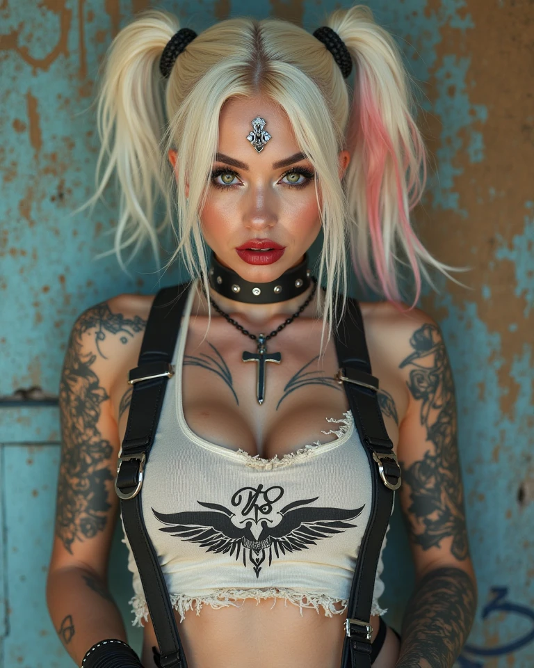 The prompts for the first theme are as follows::
"(best quality, 8k, 32k, masutepiece:1.3), ultra-detalhado, (fotorrealista:1.4), cores brancas, Albino, Garota Punk, Olhos detalhados, parte superior do corpo, Cabelo punk luxuoso, moda punk ousada, Maquiagem vanguardista, Numerosos piercings, Corpo fortemente tatuado, rua Fundo, Efeito de luz de fundo, profundidade de campo rasa, blurry background"