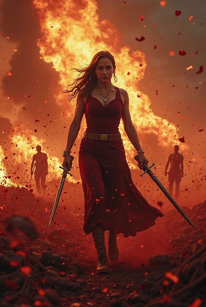 A movie scene of a woman standing on an apocalyptic road, holding a sword, wearing red slit dress, legs and thigh visible, cleavage visible, red curly hairs, angry expression, portrait, depth of field, bokeh, dark lighting, dark environment, hdr, 4k, 8k, ultra-realistic, professional photography, cinematic color grading, dust on the face