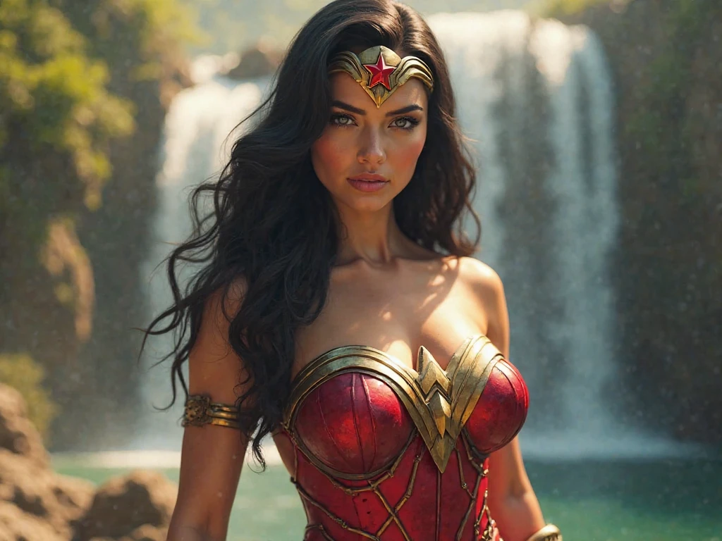 Beautiful girl, hyper realistic, realism, long hair, brunet, dressed as wonder woman, sexy, Niagara falls in the background. natural glossy skin, looking at viewer