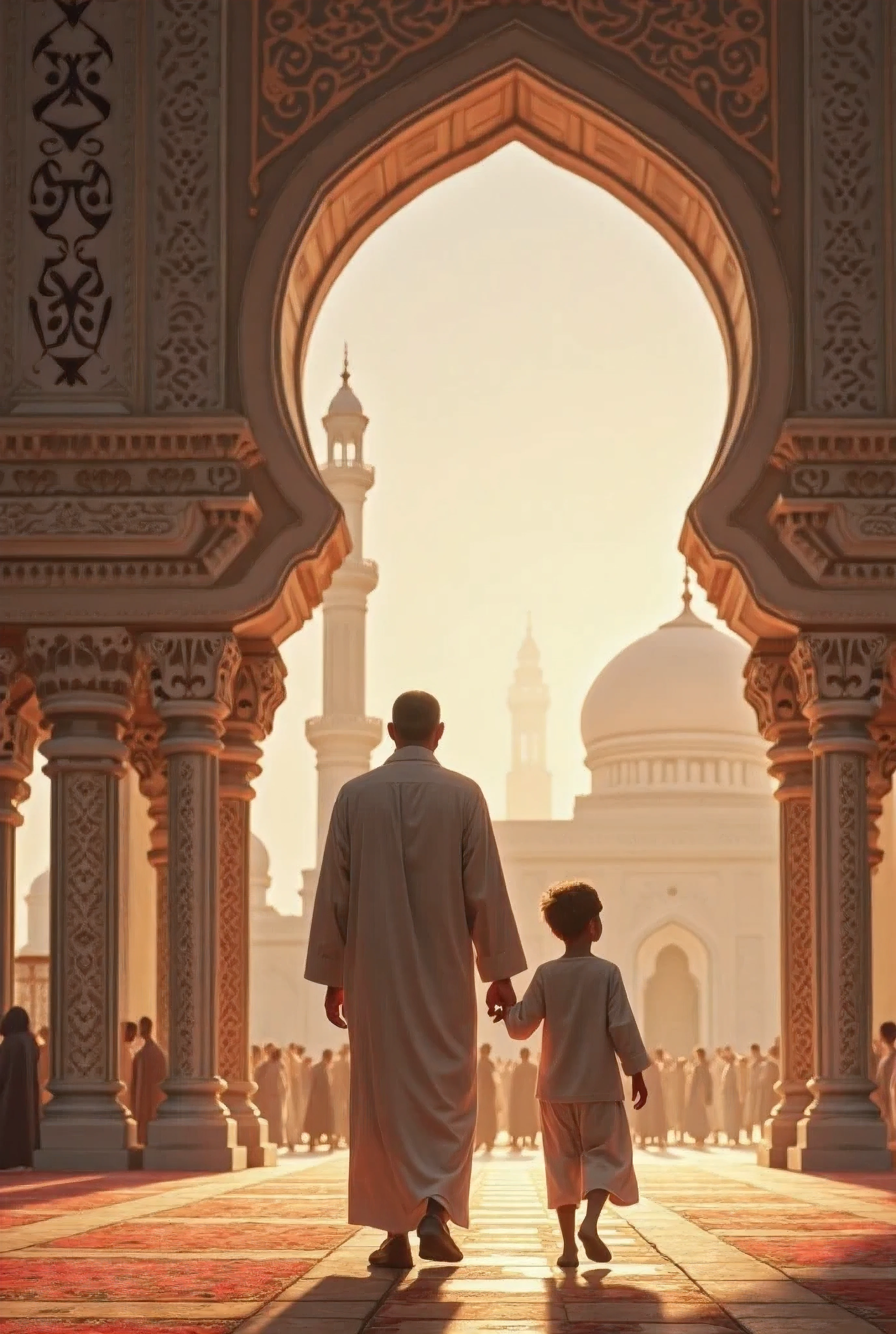 A man wearing pajama and kurta going to mosque for namaz with children 