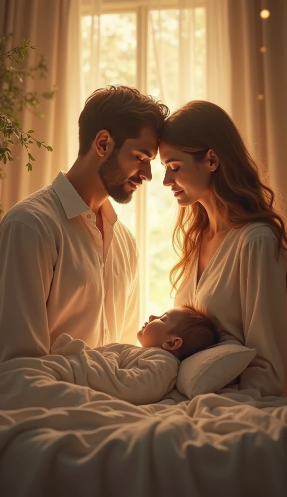 (photorealism:1.2), beautiful girl and boy, sitting on bed, wearing loose off-shoulder top, lip kissing, open hair indoors, lighting, baby in background, window with sunlight, cozy room,