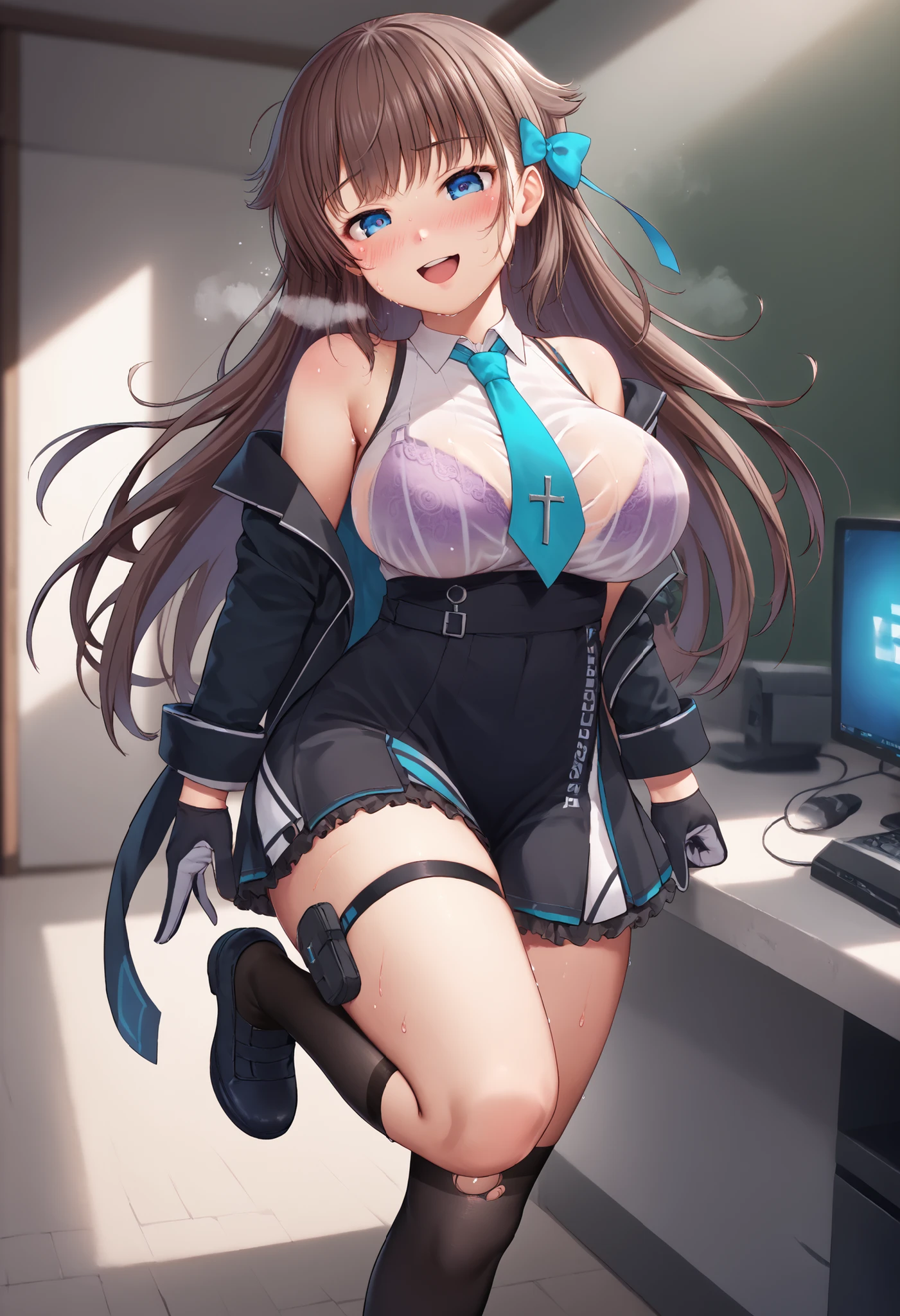 great quality,is so beautiful,Absard dress,top quality,newest,masterpiece,4k,resolution,ANIMATION SCREEN CAPTURE,1 girl,brown hair,long hair,blue eyes,cute anime eyes,super huge breasts that have just been torn apart,very much sweat (Amount of sweat:2.0),blush(redness:3.0), Laughing face,I'm exhaling with my mouth wide open(steam),(Kana Kashiwazaki),hair bow,canavale , thigh length single socks, one leg in stockings, black jacket, sleeveless shirt, thigh strap, tie, cowboy shot, gloves, black skirt,I had sex until a while ago,my body is trembling because it has climaxed too much,steamが多い,shirt filled with sperm is see-through with sweat and the bra is slightly visible(The bra is purple),Cross-sectional view of the uterine cavity,-game- Nebel Geisterjäger style