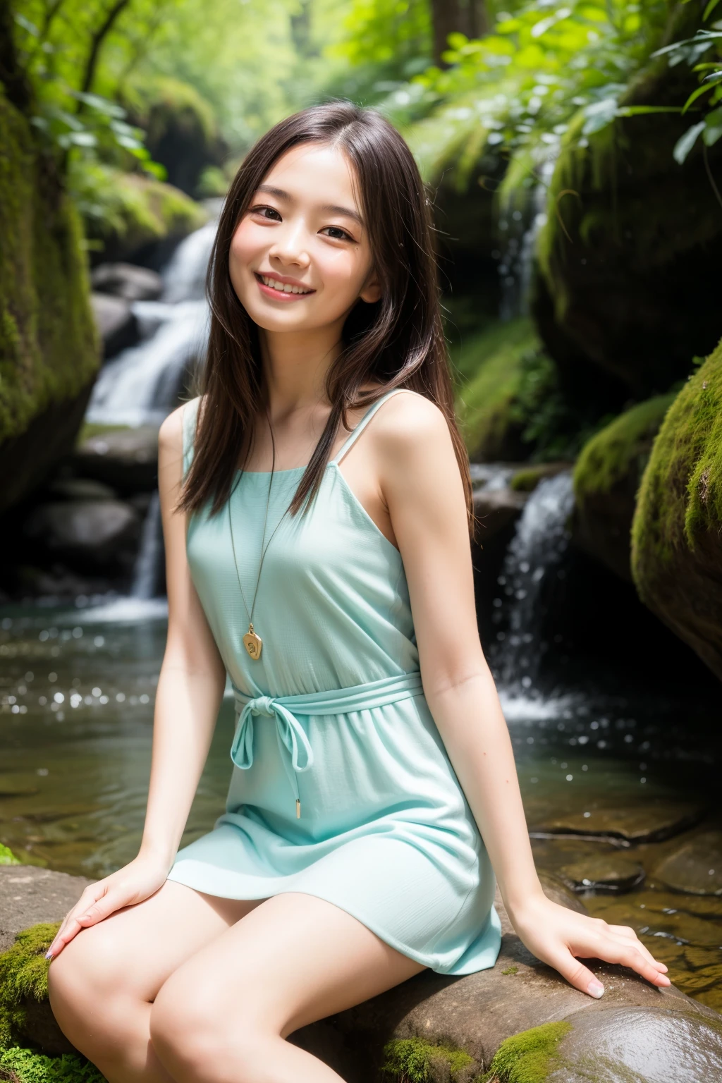 (best quality,ultra-detailed,realistic:1.37),portraits,beautiful young girl,youthful female model,riverbank and rocks or temple or bridge,Sweet girl clothes4, Libra dress,jewelry,sitting under a waterfall,sitting posture,sitting on a rock,drenched all over,masterpiece,extremely detailed description,super fine painting,detailed face,slim figure,long legs,playing in the water,smiling,bright smile
