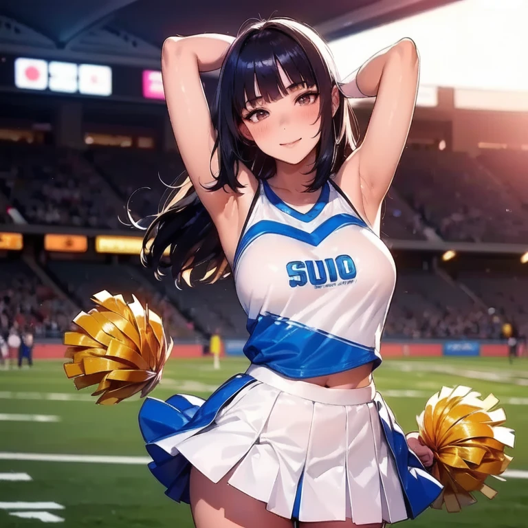 Masterpiece ,best quality , high resolution , ultra detail , colorful , soft light , mild light , sunlight , shinny , (perfect fingers , Detailed fingers, perfect hands) , (1 girl solo:1.38) , (Misato katsuragi) , (black eyes, ponytail , purple hair, medium_long_hair, make up, necklace, tall, slim body,) , (cheerleader , cheering , holding pom pom , skirt , navel , belly , stockings , head tilt) , (cleavage:1.15) , (big breast:1.1) , (outdoor , gym,Playing field,Cheerleading ,Strong winds,gale,ribbons flying,victory) , (standing cowboy shot) , ( full face blush , shy , smile , open mouth) , (face viewer , look at the viewer)