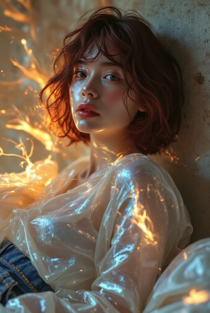 rmx, full body, beautiful girl, physical rendering photo of an 21 year old girl, curls, freckles, unbuttoned, white blouse, black background, light on face, dream, magical atmosphere, cinematic lighting, embers, fantasy, action pose, mist, CRU photo, 8k uhd, film grain