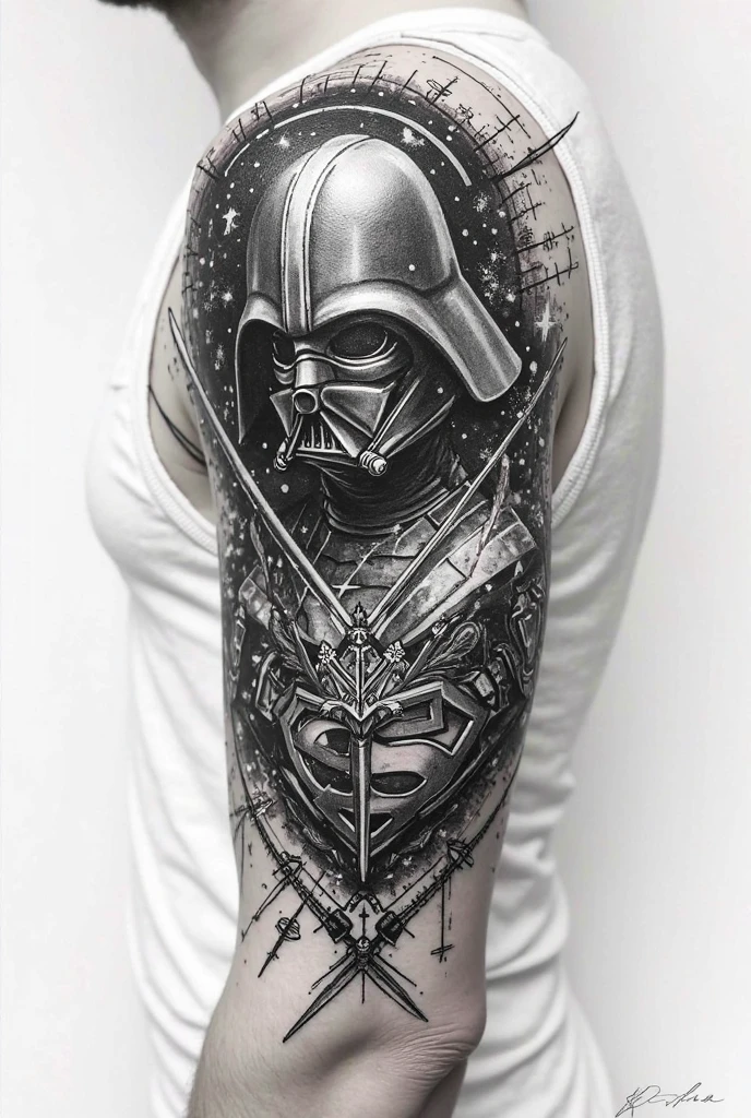 A photorealistic style of a pale gothic woman  with a  (Star-Wars tattoo) on her stomach, high saturation