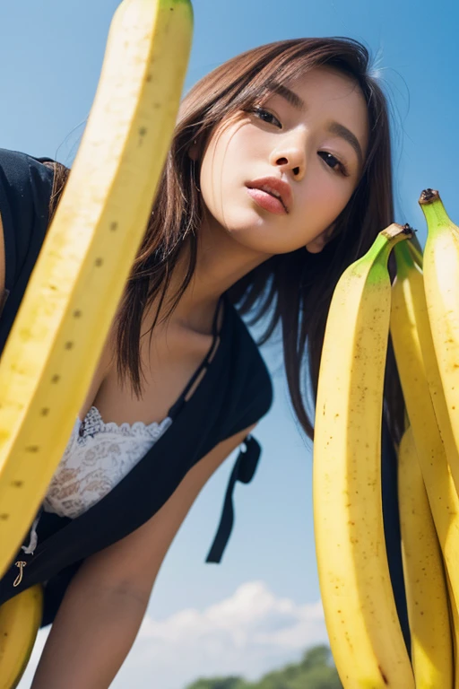 High-resolution photo of a kpop idol (putting a banana in her mouth and licking a banana Pornpics.com) from ((She has a banana of a man in her mouth: 1.12) and masterpiece and top quality, she closes her eyes, opens her mouth and cheeks in her mouth