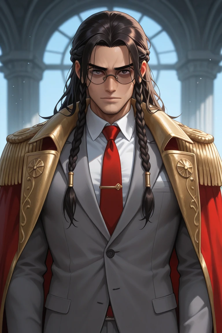 Insane looking Russian man in purple Soviet military coat with tie and a cape, front view, big messy black hair, straight hair tapping at his shoulders, round glasses, dark circles under his eyes, looking forward with ghastly smile --auto --s2