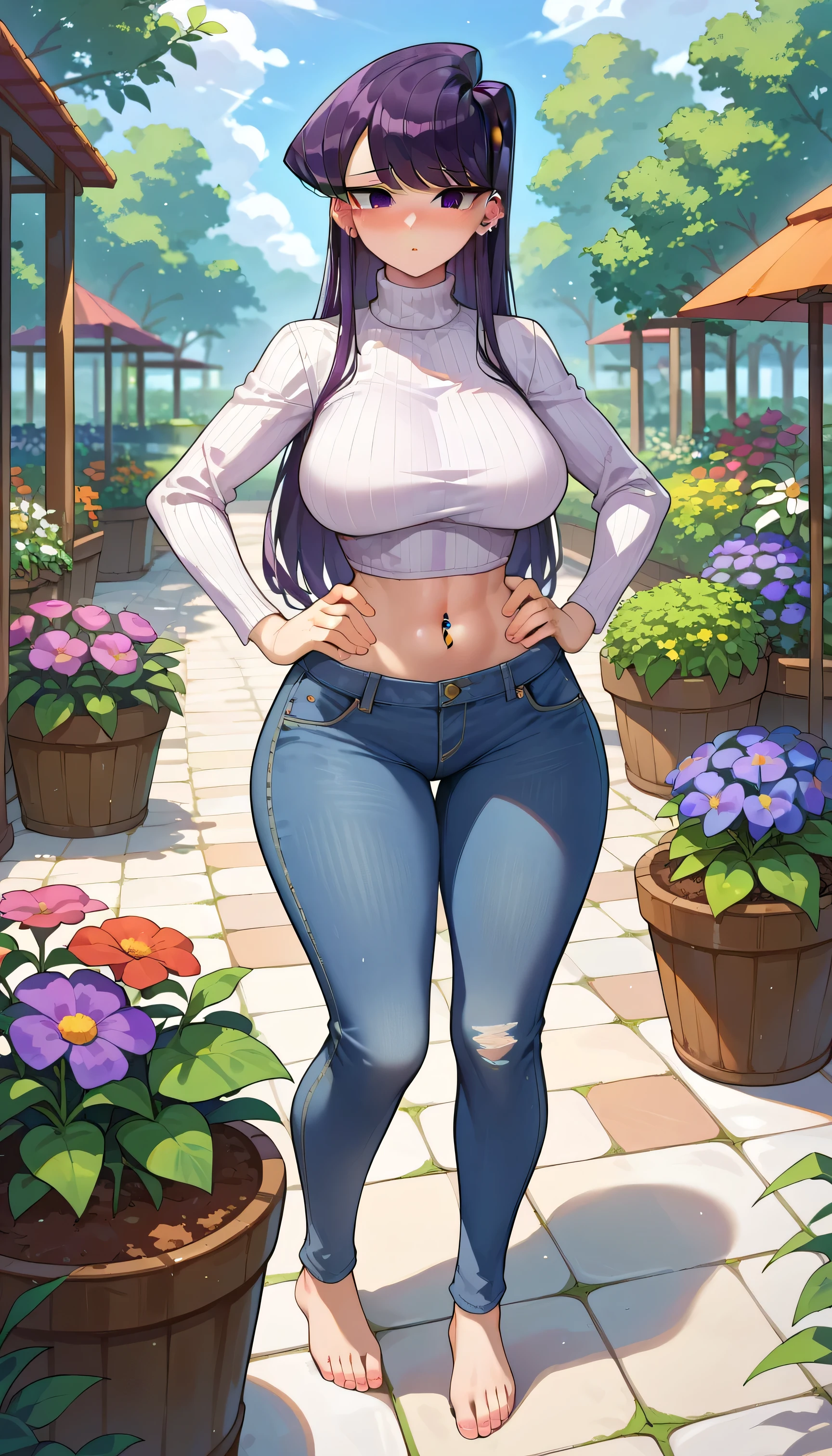 masterpiece, best quality, high detail, 1girl, beautiful woman, long wavy hair, bright purple hair, hair ornament, messy hair, large bust, white tank top, blue denim jean jacket, black maxi pencil skirt, long skirt, business suit skirt, tight clothes, cleavage, midriff, belly button, sneakers, collarbone, garden, grass, stone, full body, looking at viewer, hand on hip, stylish pose, smiling,