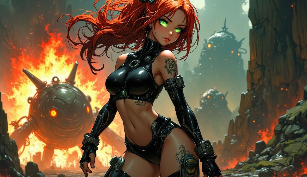 cute red haired woman, with bouncing breasts and cute pink bottom exposed in the style of Tony Sandoval and Ashley Woods art. Heavy Metal Music!

