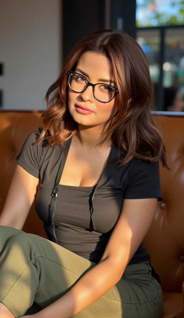 Latina female model of age 27 wearing red-yellow school teaching custom, big seductive   , wearing glass