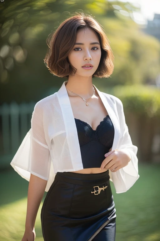 1girl, standing, (close-up shot:1.2), graceful, in front of water wall, chic and sophisticated outfit, cropped white silk jacket, crop top, detailed face, (looking at viewer:1.4), navel, miniskirt, thighhighs, deep v-neck, cleavage, gigantic breasts, belt, opulent buckle, dramatic lighting, photorealistic, high fashion, crimson hair, bob-undercut-hair, (beautifully designed water wall, intricate cascading water patterns reflecting soft ambient light:1.2), stylish potted greenery strategically placed around the water wall, adding a touch of natural elegance, the scene exudes refinement, gentle mist from the water creating a serene atmosphere, detailed textures in both the water and the surroundings, modern architectural elements in the background,
