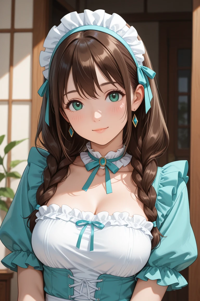 ((((sexy))))((((Spectacle lady))))1girl, solo, long hair, breasts, looking at viewer, blush, smile, bangs, Blue eyes, large breasts, brown hair, long sleeves, dress, holding, animal ears, cleavage, sitting, closed mouth, green eyes, thighs, horns, socks, indoors, mole, blurry, apron, collar, aqua eyes, sweater, Bell, blurry background, swept bangs, scrunchie, animal print, hair over shoulder, neck bell, seiza, mature female, cow print, cow ears, cow horns, fake horns, cowBell, cow girl, cow tail, mimikaki, lap pillow invitation