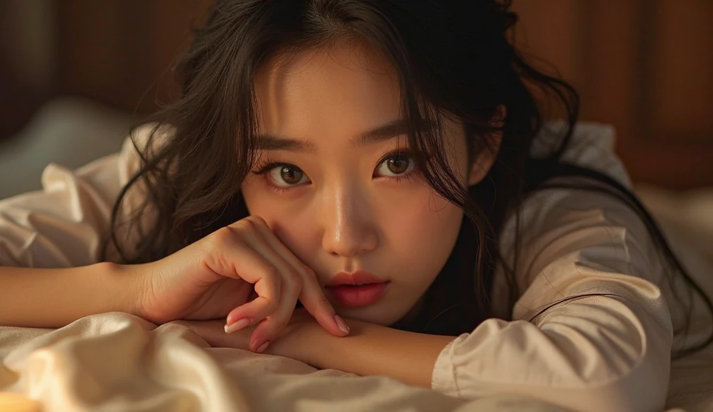 (32K:1.5, Highest quality, masterpiece, Ultra-high resolution), 19 years old, Face only:1.5, Perfect dynamic composition:1.2, Very detailedな目と顔の質感:1.3, Fractal Art:1.3, ((Lie down in bed, Don&#39;t show me your boobs)), Very accurate, Very detailed, elegant and sophisticated:0.9, Fair skin, (Beautiful Blue Eyes, Big eyes that exude beautiful eroticism:0.7, Lips that exude beautiful eroticism), (Ecstatic expression:1.3, What she does when she feels like she is being caressed intensely:1.3, Sexy Face:1.3), erotic, Facial expressions when feeling happy:1.2, (Focus from above, Cinematic Light, Professional camera work), Unreal atmosphere, Earrings, (Too erotic)