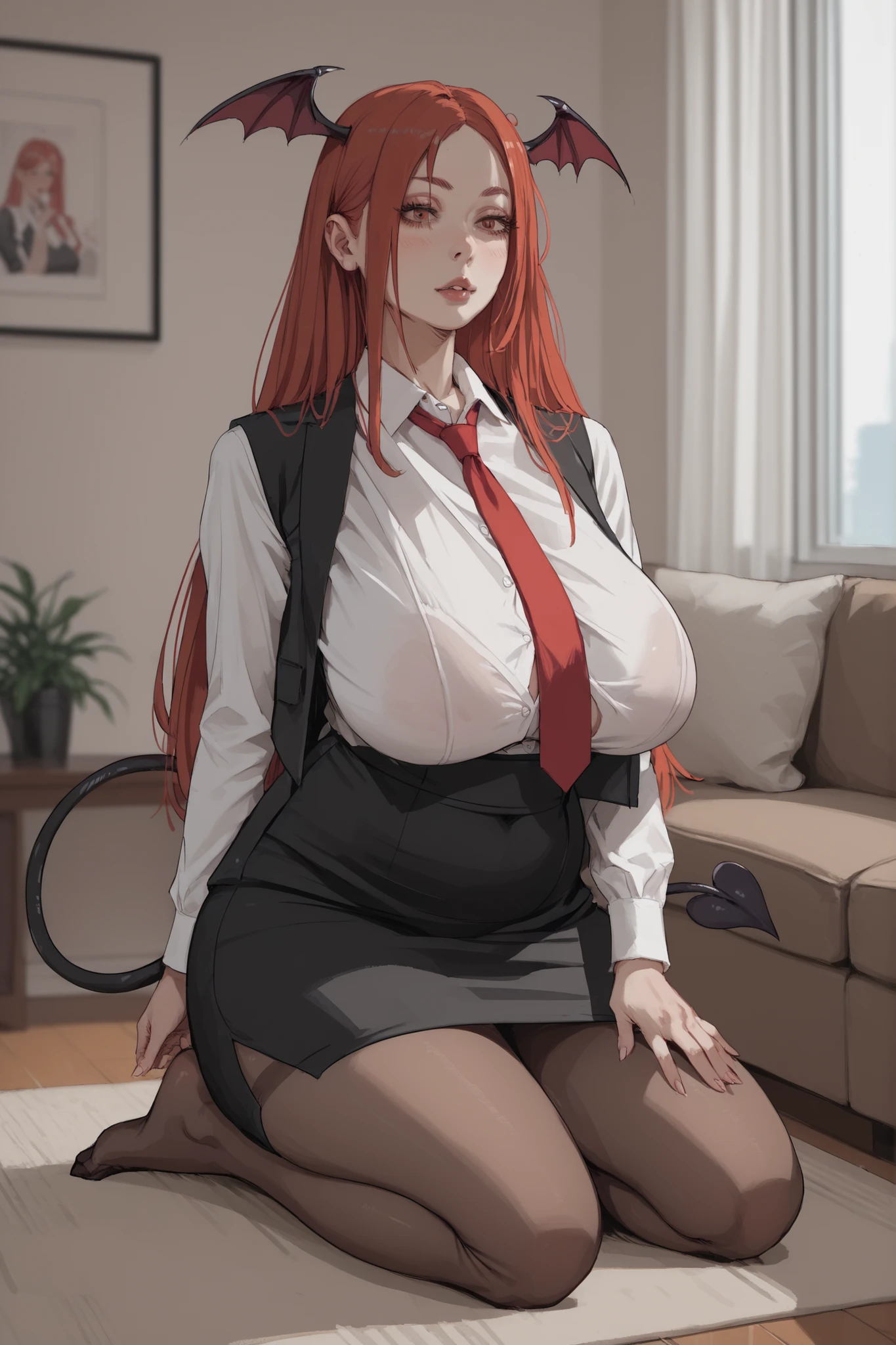 1 plumb girl, red long hair, parted bangs, head bat wings, succubos tail, voluptuous, giant saggy breasts, white shirt, black vest, red tie, pencil skirt, pantyhose, kneeling, living room