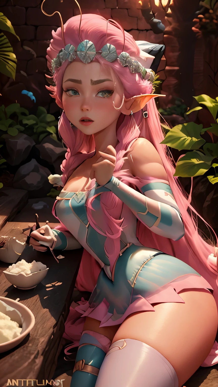 Photo, Photorealism, Photorealistic, full_body shot, female elf, (Wearing colorful clothes that hide body:1.5), (Eating grape with its hands:1.5), Daylight lighting, cinematic pose