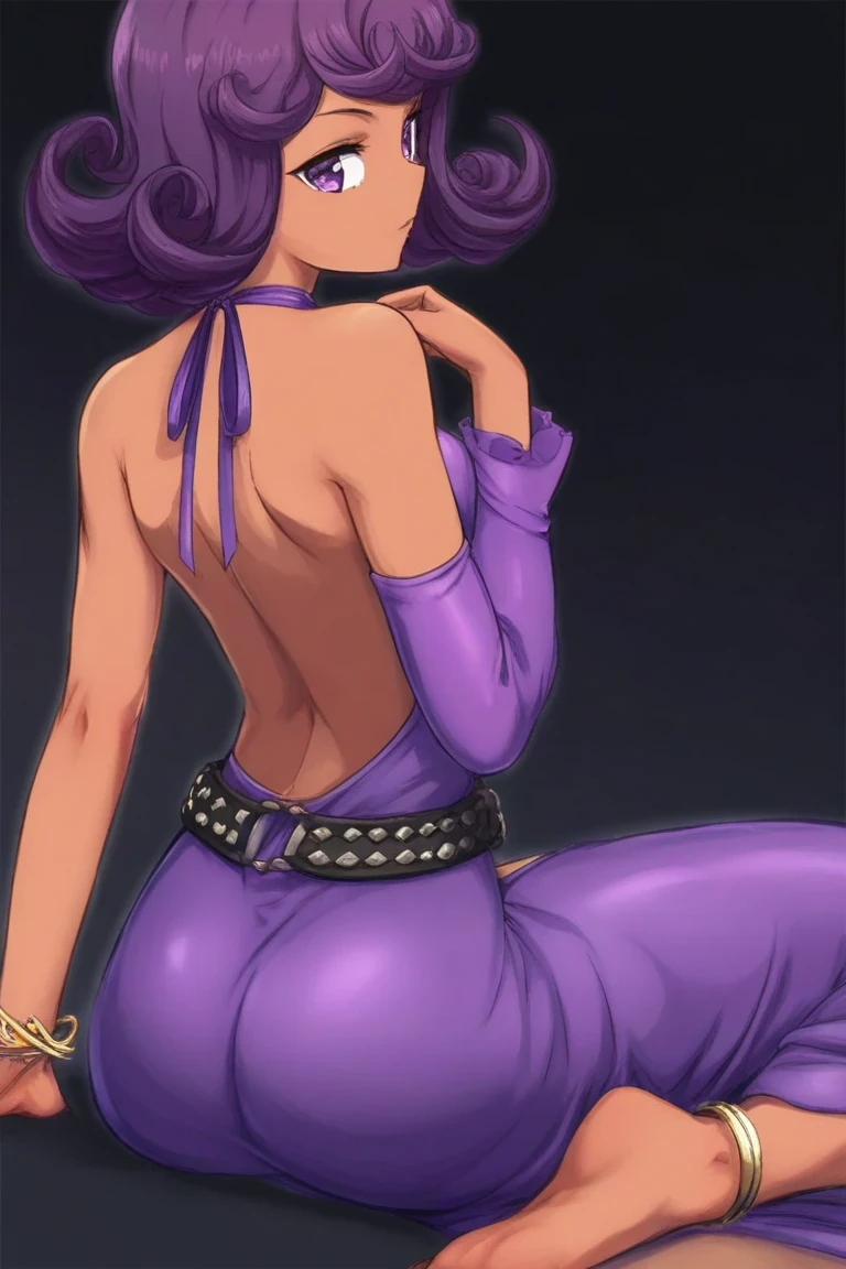 beautyful brown woman, brown skin, black skin, huge full afro purple hair, black lipstick, full lips, purple bra, purple eyes, doggystyle sex, hoop earring, crossed arms, smile, night