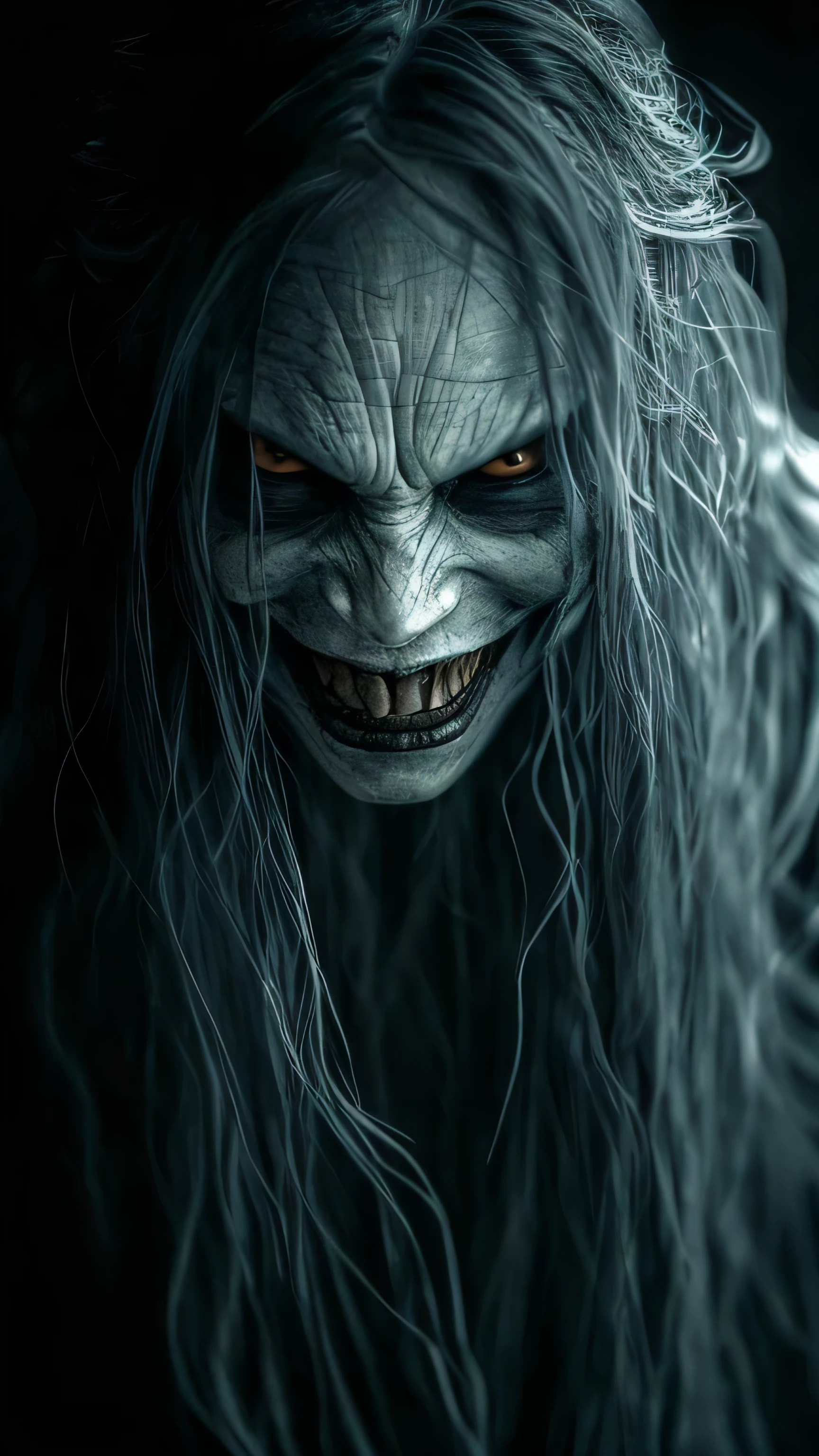 (best quality, masterpiece:1.2), On a black background, a very scary and grotesque-looking woman has a ghostly face with long flowing hair, smiling evilly and scaring people. ,ultra-realistic, cinematic, high detail