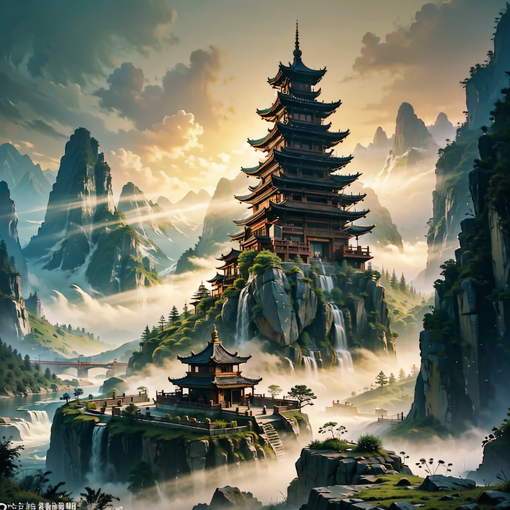 traditional_chinese_grottoes,misty_dawn,emerald_mountains,ancient_buddhist_temple,copper_wind_chimes,tang_dynasty_architecture,morning_dew,carved_stone_facade,sichuan_landscape,flowing_rivers,foggy_valley,historical_site,damp_moss_covered_stones,early_morning_light,monastery_silhouette