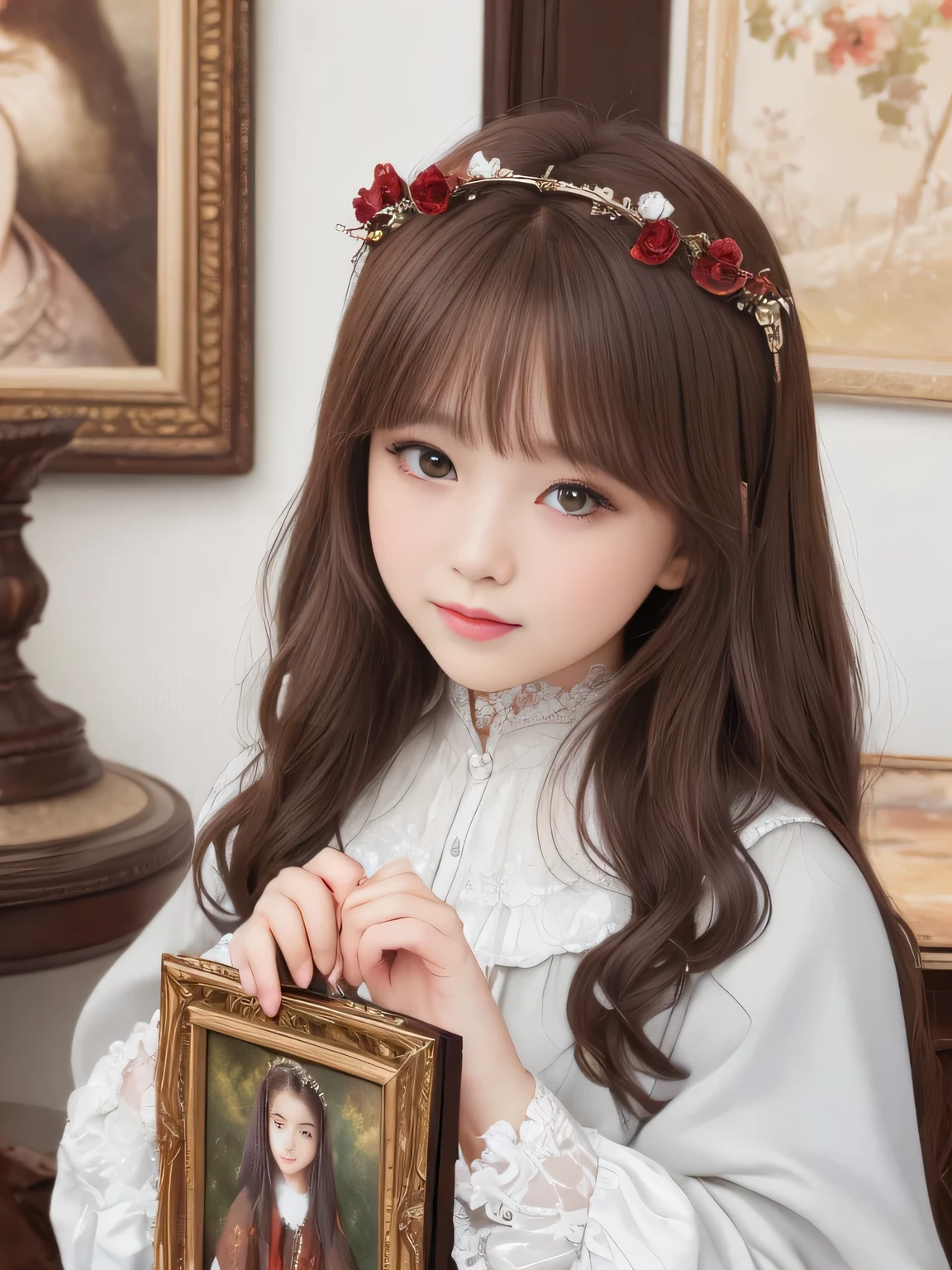 top quality、highest resolution、masterpiece、very detailed、(Old Photos、collage art、 Picture Frame、Crop、Exquisite photography)、Princess、middle ages、glossy brown hair 、circlet、cute、Crimson lips、Laughter 、little character、amazing beauty、cloak、delicate details ,portrait, snapshot, Photo Albums ,ULTRA DETAIL,