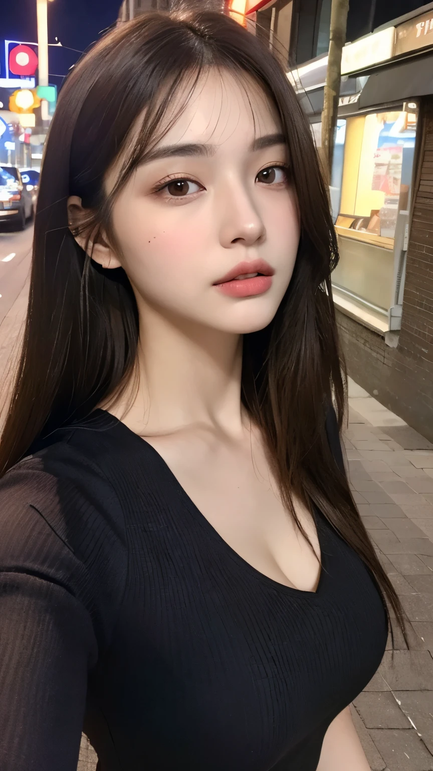 ((best qualtiy, 8K, tmasterpiece:1.3)), Sharp:1.2, perfect figure beautiful woman:1.4, Slim abs:1.2, ((Layered Hair Style, huge tit:1.3,cleavage:1.2)), (A long shirt with transparent wet black buttons:1.1),(Sateen,the street:1.2),Highly detailed facial and skin texture,A detailed eye,二重まぶた,Look sideways at the camera