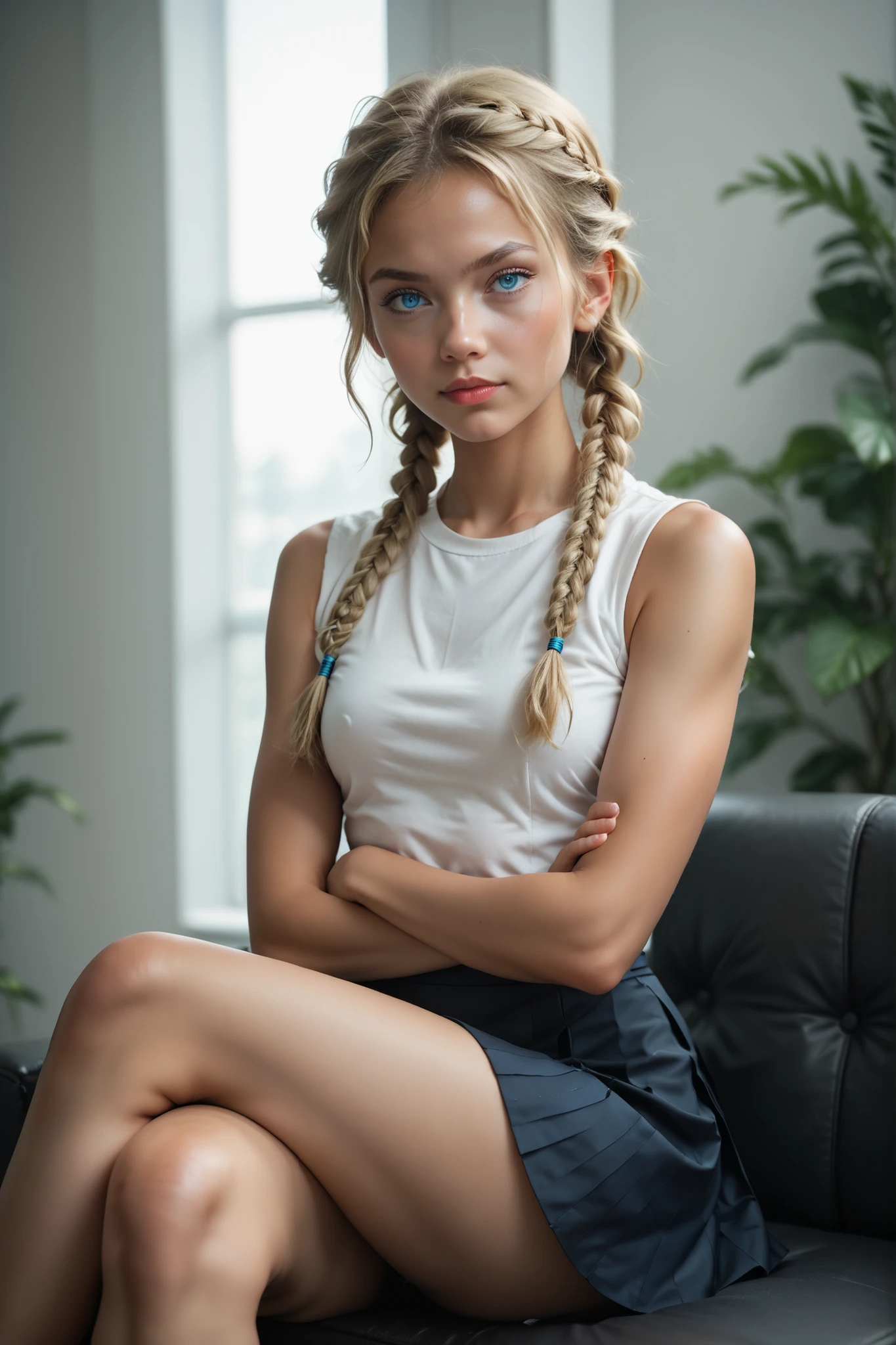 an anime girl, Blonde hair, two braids hairstyle, blue eye lenses, sleeveless t-shirt, neckline, short skirts, sitting , crossed legs,