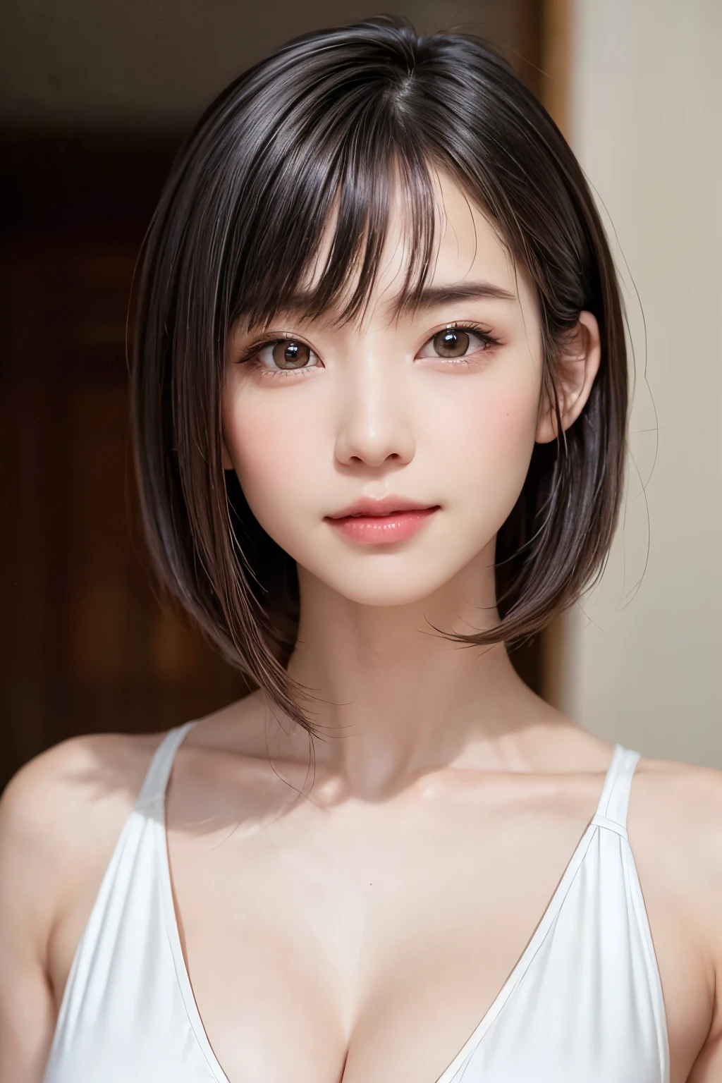 masterpiece, Best Quality, masutepiece, hight resolution, 1girl in, 22year old, High detail RAW color photo of beautiful young woman, Beautie, ighly detailed, Soft lighting, Textured skin, face perfect, Sharp pupils, Realistic pupils, Optimal ratio, (Detailed face:1.4), (Realistic brown eyes:1.2), (High Proportion Realistic Breasts), (Realistic medium breasts), (Closed mouth:1.5), Slender body, Photography, Detailed skin, Realistic, Photorealsitic, Highly detailed, High Detail RAW Color Art, diffused soft lighting, Shallow depth of field, foco nítido, Cinematic lighting,
a closeup, (shorth hair:1.5), A dark-haired, (straight haired:1.5)