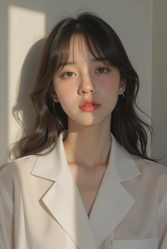 Wearing a satin blouse, also wearing a satent wrench coat, the material of the blouse and trench coat is satin, strong glossy, soft and smooth and smooth to the touch, the buttons on the front of the blouse are fastened, no bra is on, the blouse is fit the body, the chest is C cup, Japan fashion model, wearing a shirt, wearing a coat, one beautiful woman