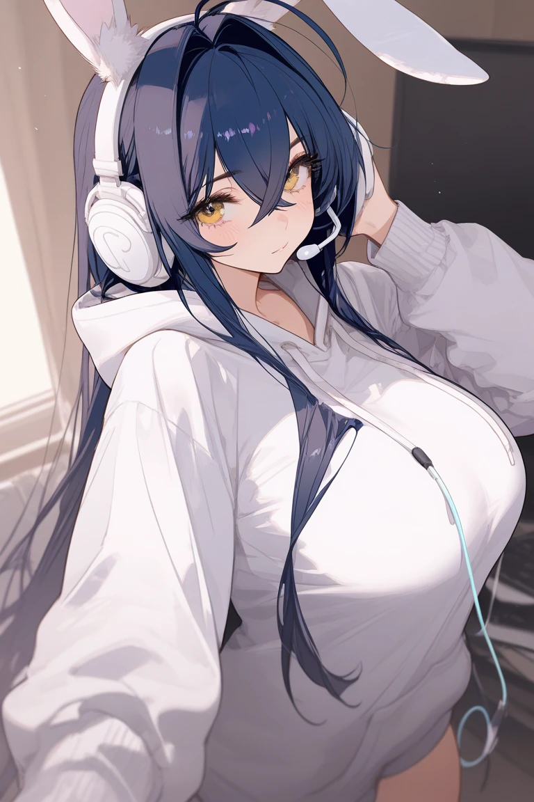 anime girl, busty, curvy, black hair, eyes closed, wearing headphones, listening to music, hands on head, in room