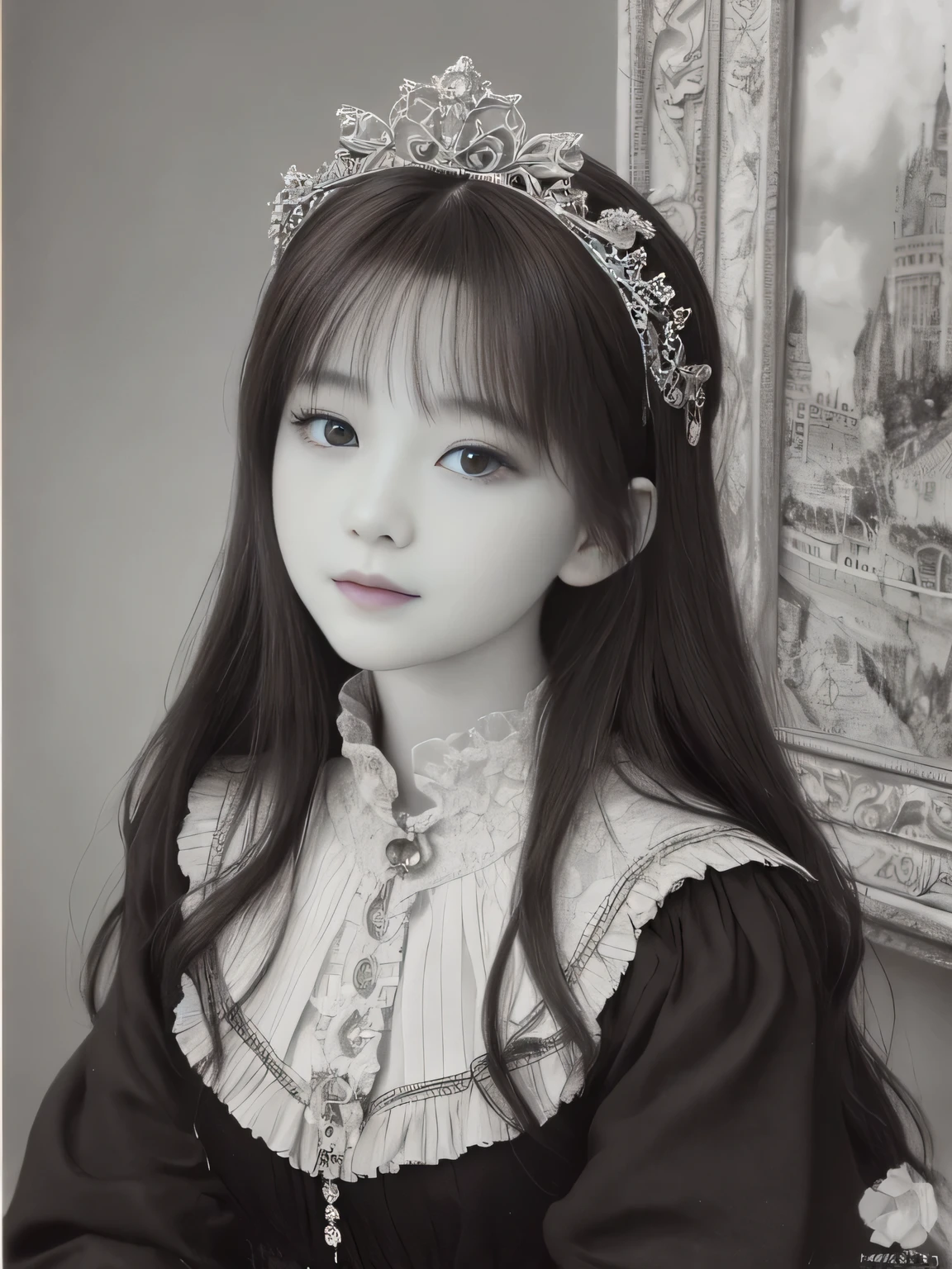 top quality、highest resolution、masterpiece、very detailed、(Old Photos、monochrome、collage art、 Picture Frame、Crop、Exquisite photography)、Princess、middle ages、glossy brown hair 、circlet、cute、Crimson lips、Laughter 、little character、amazing beauty、cloak、delicate details ,portrait, snapshot, Photo Albums ,ULTRA DETAIL,