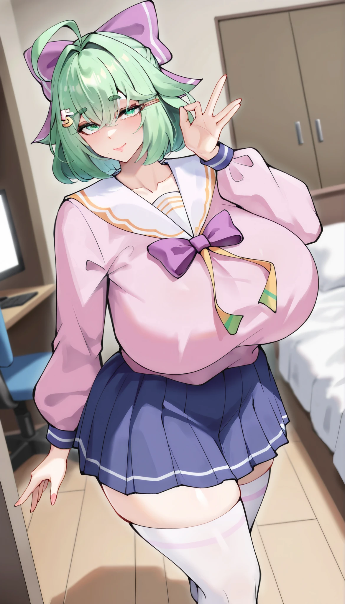 Masterpiece, best quality, high resolution, 1girl ,full body shot, (best quality), (ultra-detailed), (masterpiece, best quality:1.3), 1female, adult, Masterpiece, Best Quality, hi res,HD, detailed 1girl ,anime, mature female, indoors, smile, age 30 - 40 ,curvy, milf, mother, NSFW,short green hair, green eyes, purple bow headdress, sailor suit, blue pleated skirt, white stockings, Green Hair Bow Girl，ahoge / stray hair，M-shaped fringe / M-shaped bangs Short green hair, green eyes, purple bow headpiece, Barrette . Hair bow voluptuous, voluptuous female, looking at viewer, high resolution, 8k, 4K, high detail, detailed bangs, detailed hair, high detail face, high detail eyes, detailed lips, dynamic shot, dynamic angle, small nose,GreenHairBowGirl， ，Pink dress， long sleeve，Hair bow，desk, computer,gamer,bed, chair, bedroom,looking at the viewer,((mature fingers)),Voluptuous body, curvy body, accurate fingers, GreenHairBowGirl