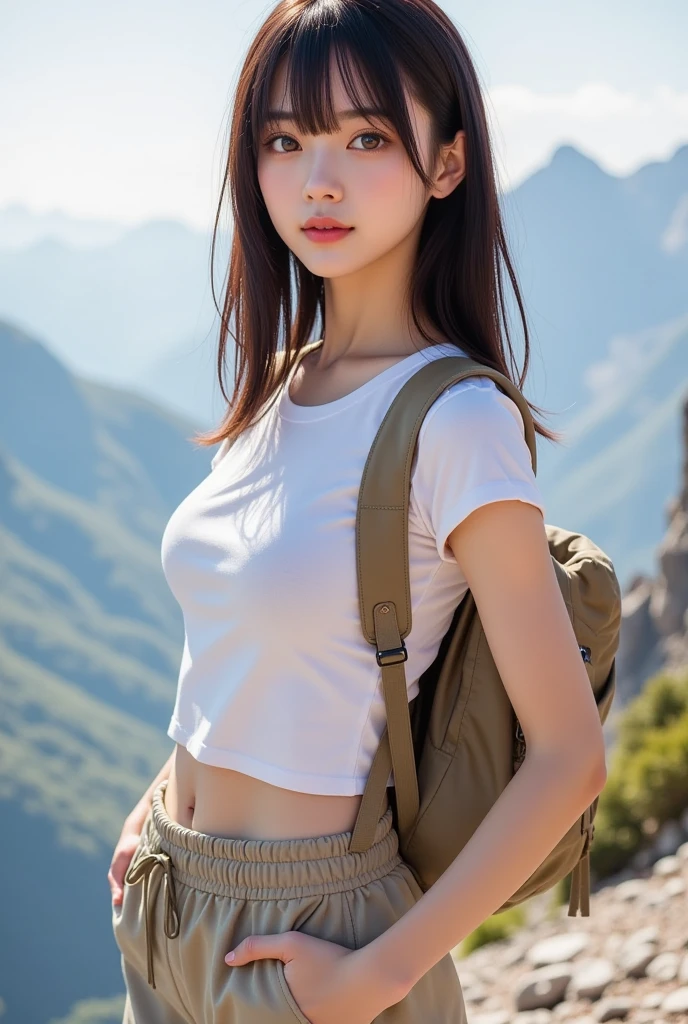 Japanese beautiful girl、Semi-long hair、Summer Mountain Climbing、T-Shirts、White panties、Are standing、Attractive thighs、rucksack、Hiking boots、Beautiful legs、Attractive thighs、Detailed skin texture、Realistic Face、Photographic quality、Ultra HD、sunny、Mountains in the distance々The magnificent view