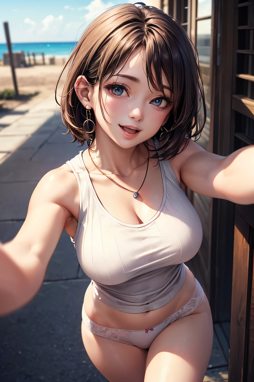 realisticlying, girl,Black shorthair、Wearing white underwear,Face Real,Doing sexy poses on the bed、Look up from below and make eye contact、Face smile、Expression of desire、Cleavage emphasis,Opera House,Breasts enlarged,Cleavage emphasis,Extra large zoom on chest,Chest zoom