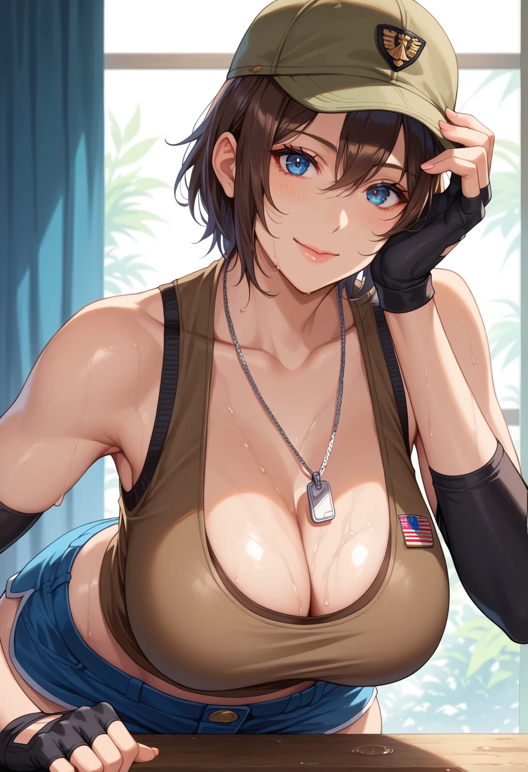 Masterpiece,8k, perfect face highly detailed,HDR, ultra realistic photoshoot, absurdres,award winning photo, extremely detailed, amazing, fine detail,
KazAsuka, Japanese woman, blue crop top, big breasts, denim jacket and minishorts, short black hair, MMA gloves, posing for a picture, in the streets of Osaka