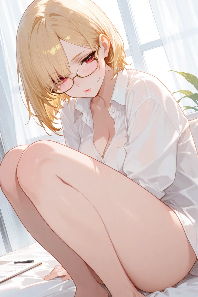 8K、highest quality、masterpiece、Super detailed、ultra high resolution、((1 person))、girl、blonde、make、ear nipple rings、necklace、big round lens glasses、Medium chest、white shirt、Unbutton the button、cleavage、sitting on the bed、mini skirt、((white panties))、Stand with your thighs spread to the left and right、Poses to seduce men