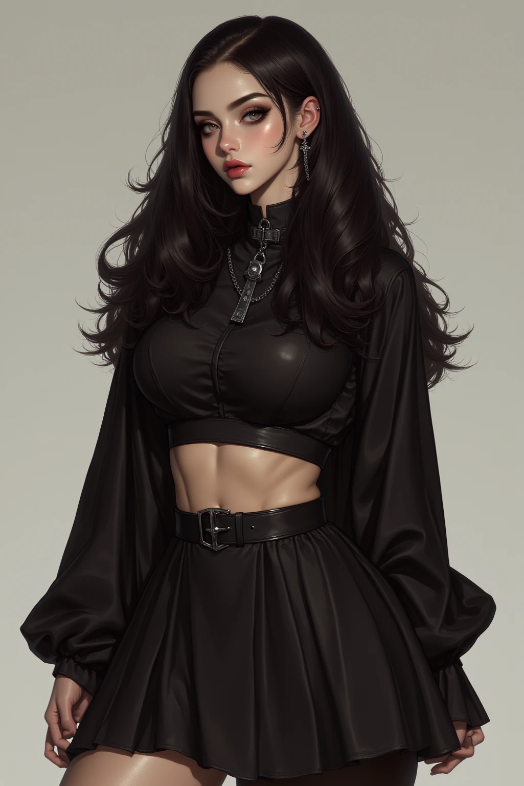 The image displays a young woman with a style reminiscent of the 1920s fashion blended with a modern twist. She has wavy hair, short at the nape with longer, voluminous curls on top, dyed with a transition from dark brown to pale pink. Her makeup is flawless, featuring lined eyes, long lashes, and red lips., She wears an elegant short-sleeved black blouse with a polka dot pattern and details of golden hearts, and sports a matching belt that cinches her waist. The blouse has a modest neckline and is adorned with a hanging cross pendant. Accessories include various bracelets and bangles of gothic style, as well as large hoop earrings., Her stance is flirty and confident, with one hand on her hip and the other gently touching her neck, giving the impression that she is posing with assurance and a playful attitude., masterpiece, textured skin, super detail, best quality, highres