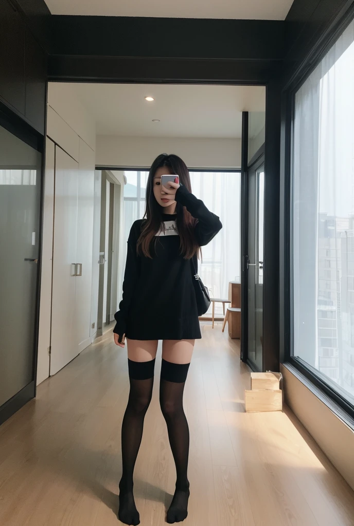 Japanese Beauty、Brown Hair、Gal、Selfie、Black knit sweater、Turtleneck White Mask Tight white quat、Mirror photo、Reflected in the mirror、Thighs、17 years old、Sitting Black Stockings