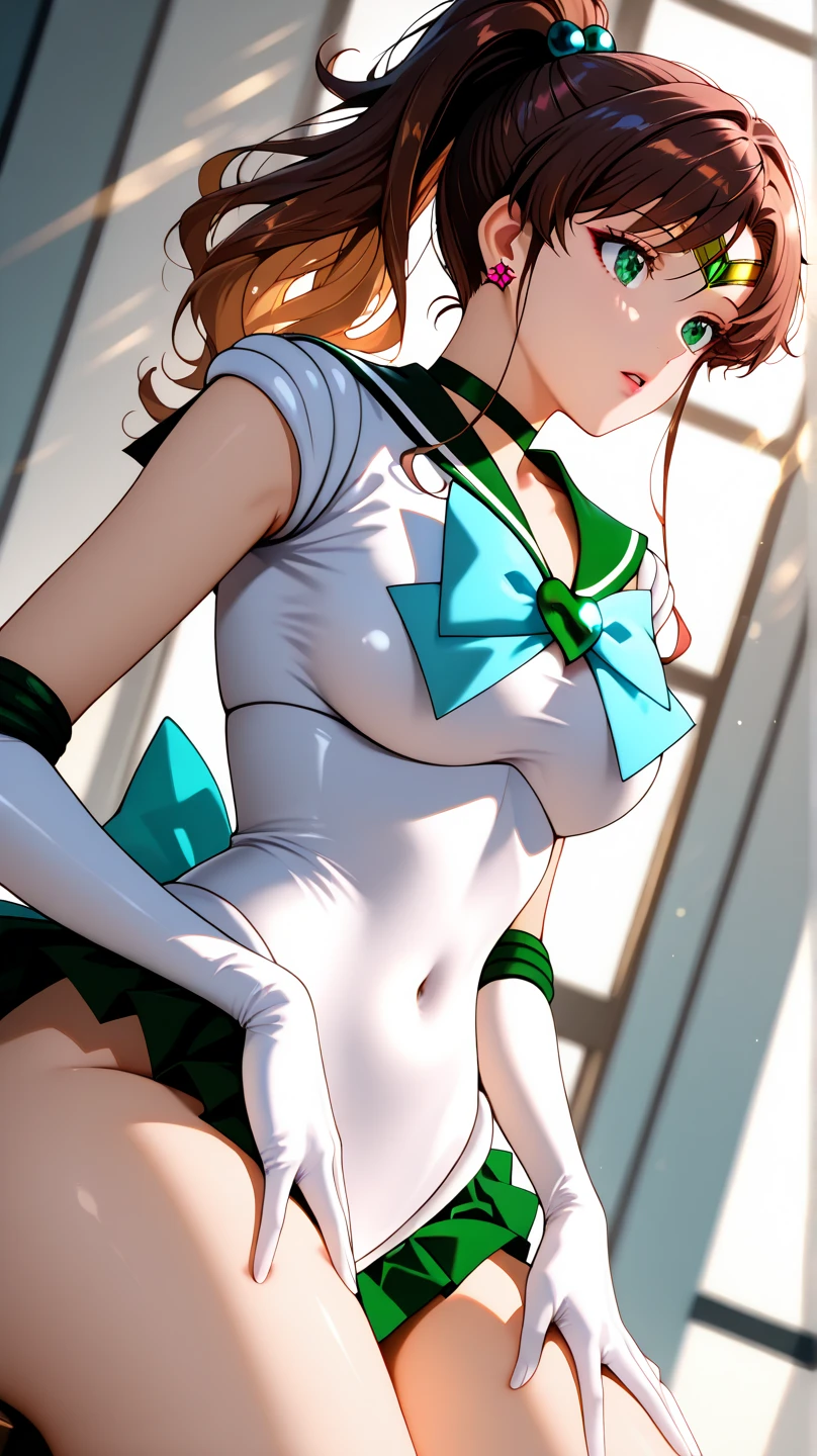 Highest quality, High resolution,((Sailor Jupiter)), One Girl, single, alone, Beauty, bangs, Brown Hair,Long ponytail)), ((Green Eyes, Beautiful eyelashes, )), (( Super anime CG style)), Big Breasts, Dynamic Angle, Perfect body, ((とても恥ずかしいパニックsmile、Look back and see this,Sticking out her butt,(Point your butt forward)、(White lace sheer panties)、tall、No sleeve,The ruins in the background are very beautiful,Big eyes,(High definition and very beautiful eyes).smile,((Deep green ultra-mini skirt)),Looking up at the butt,Jupiter is visible,