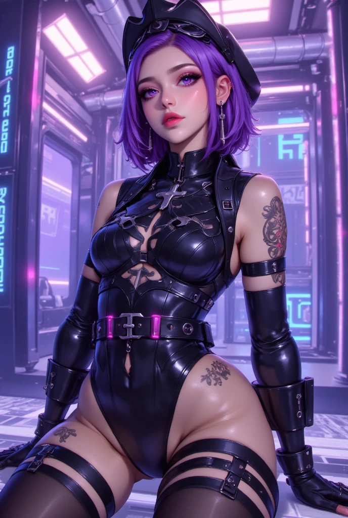 (full body: 1.2), Beautiful Cyber punk girl 2077, 18 years old, fit and attractive body. The image must be high-quality 8k resolution and use advanced rendering techniques such as photon mapping, radiosity, and physical rendering with automatic white balance. The lighting should be cinematic, with masterful lighting and slightly heightened twilight. Details: The woman must have smooth, soft skin, with visible pores and a heart-shaped butt, a current trend in Brazil. She should wear normal clothes, specifically cotton micro lingerie, with cotton panties or very short pajamas. The image should focus on your beautiful, symmetrical face, with ultra-detailed eyes, and the bikini line on your tanned skin. Pose: The woman must pose in a sexy way, looking directly at the viewer. She may be scantily clad, with small breasts and nipples visible, and her hair may be detailed with fringes and freckles. She should have a smiling expression. Background: Cyber punk 2077's background should be ultra-detailed, rendered using CGI with Unreal Engine 5. But it should have a soft focus effect. Final artwork should not be based on a specific photograph, but should look realistic. Composition: The image should evoke a sense of technology and high-quality craftsmanship, reminiscent of a masterpiece of illustration and CG art. The composition must include elements of unity, wallpaper and official art. The final image must present fine details, extreme delicacy and beauty, with sharp focus and a high level of detail. (The construction of the image must be procedural based on the information described in this text: