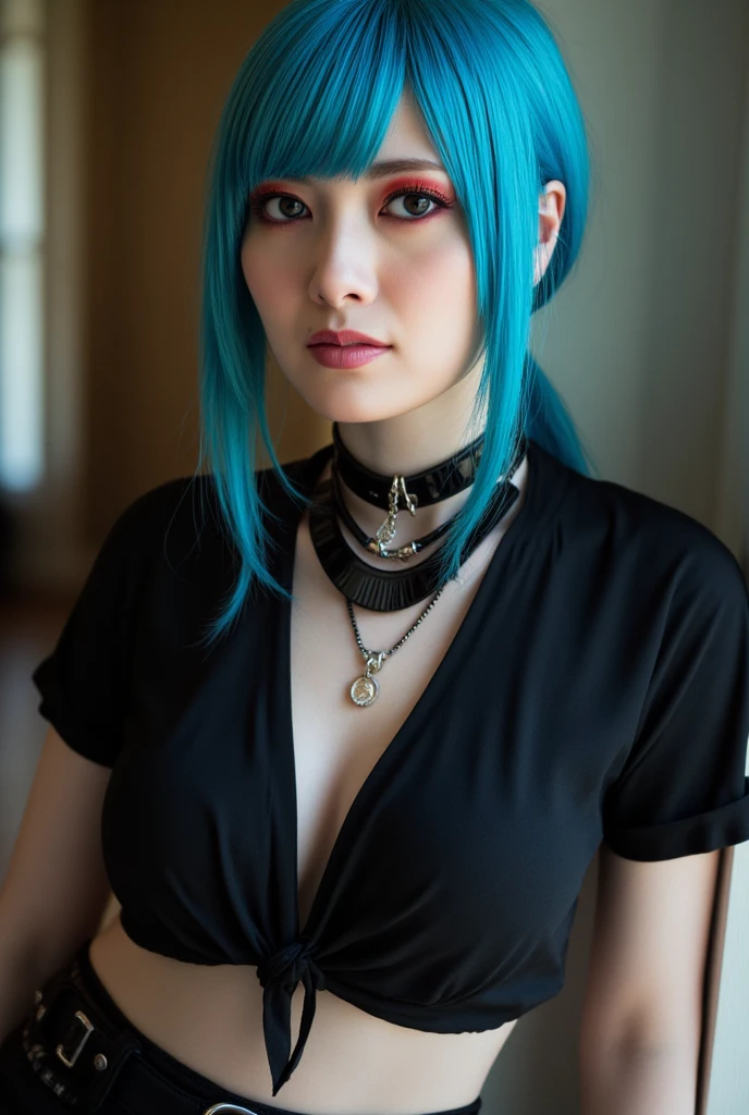 ((best quality)),((masterpiece)),((strikingly beautiful)), mature, 1girl, solo, high quality, masterpiece, skinny, long hair, messy bangs, black beanie, cyan hair, leather jacket, eyeliner, pale skin, necklace, neck tattoo, tattoo on neck, sidewalk, large breasts