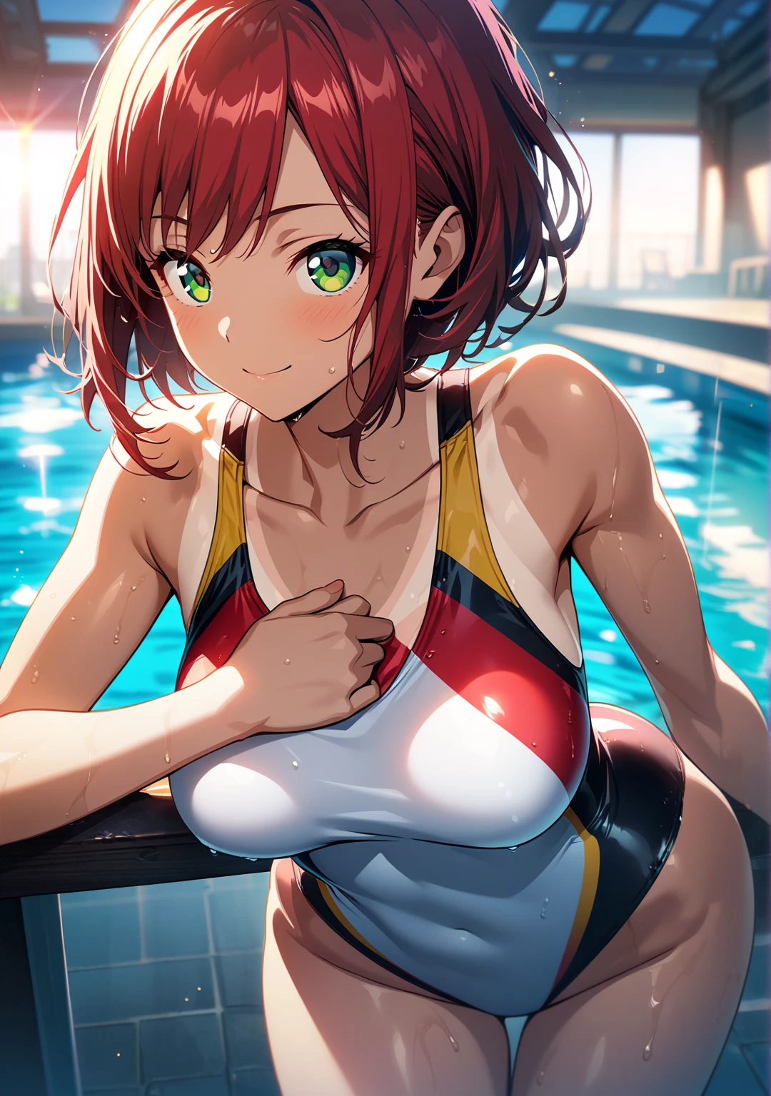 (masterpiece), (best quality), (ultra-detailed), (highest quality), (2.5D), (1 girl), very delicate facial expressions, erotic, only sexy woman, healthy figure, ((25-year-old woman)), 170cm tall, medium firm swaying breasts, (short hair), (red hair:1.5), red and yellow, ((streaked hair:1.9)), (highlights hair: 1.6), pony tail, red eyes, blush, (thin thighs), (camel toe:0.7), (visible nipples:0.9), (Erect nipples:1), (black competition swimsuit), shiny and lustrous, facing straight at viewer, (((in heat))), ((Oily_skin)), ((dutch angle)), ((erotic pose)), relaxing by the pool in midsummer