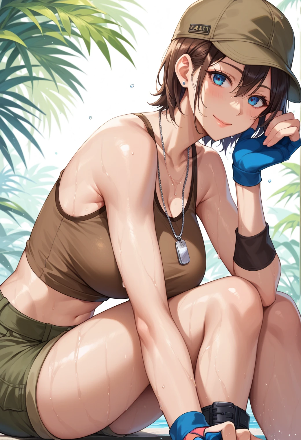 masterpiece, best quality, highres,
VarleyAi, 1girl, solo, long hair, smile, brown hair, purple eyes, purple hair, braid, side braid,
large breasts, bare shoulders, bare arms, navel, bikini, black bikini, side-tie bikini bottom, white bikini, cameltoe, collarbone, cleavage,
cowboy shot, sitting, spread legs, leaning back, looking at viewer, arm support, outdoors, grass, field, forest, sunlight, sky, blue sky, <lora:Varley:1>