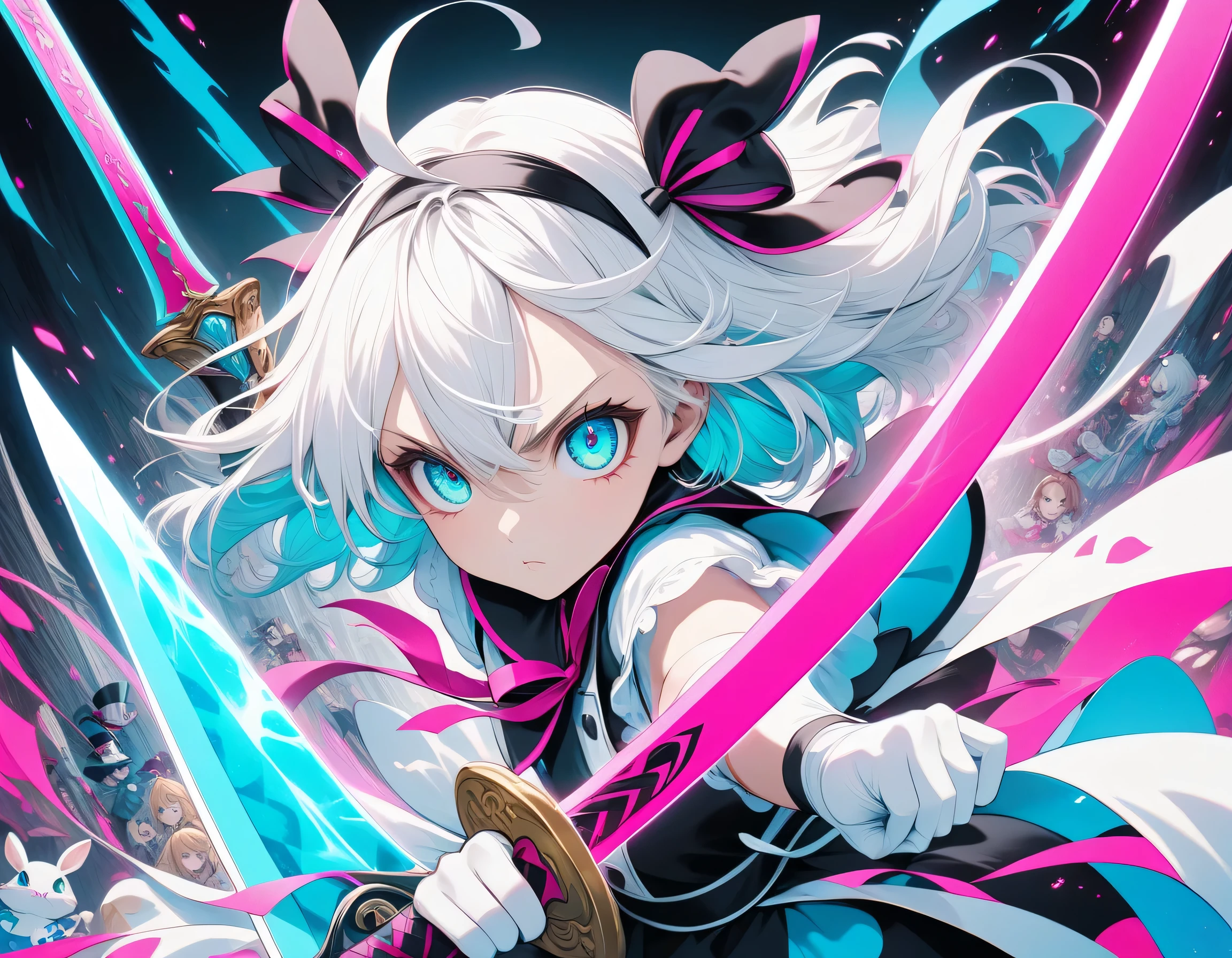 Magenta Neon Color Palette、dynamic、force、posters、Holding a Big Sword、is decorated on the sword、Alice in Wonderland、serious eyes、Sharp Eyes、dynamic best composition、X composition 、Outline Neon Color、milky white hair color、A large cyan ribbon on the head、