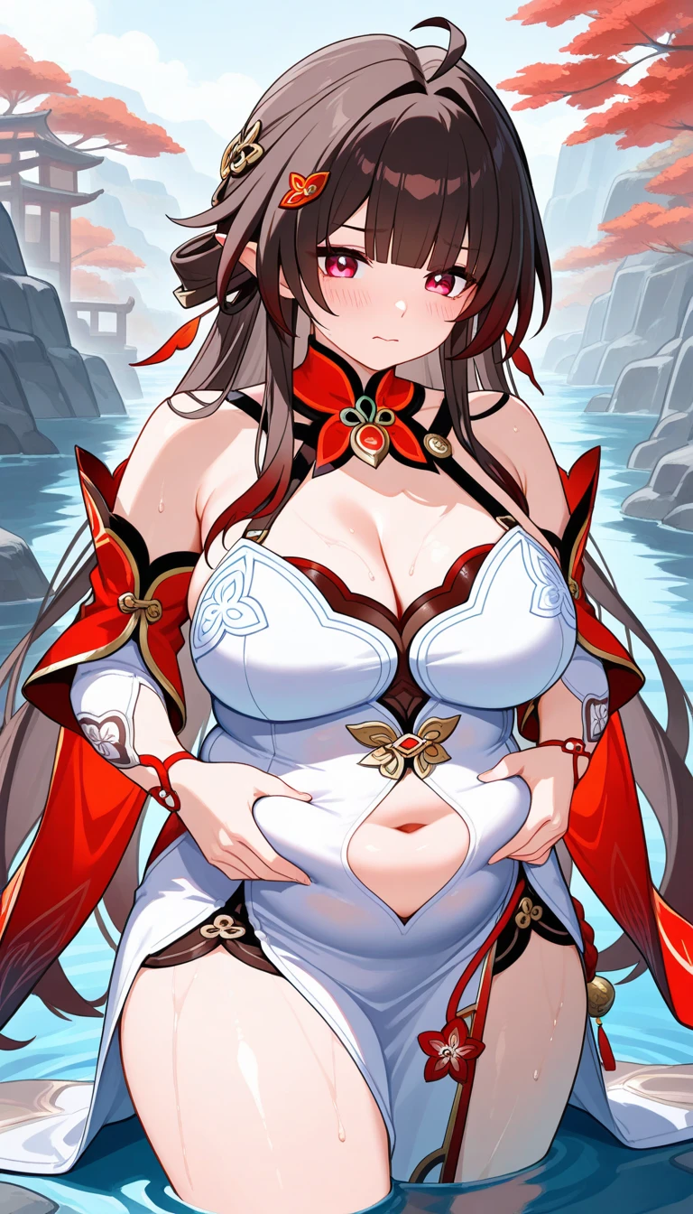 (((best quality))), ((ultra-detailed)), ((an extremely delicate and beautiful)), ((16k)), realistic, hd, cgi, gleaming hair, gleaming skin, gleaming dress, Character focus, solo, stylish pose, strong light coming in, sharp focus, illustration, game cg, anime, solo, curvy, (big breasts:1.3), forehead, ( Chinese Lace Up Cheongsam Open Chest Bodycon Dress High Slit Qipao mini), faste collarbone, (belly:0.9), standing, leaning forward, looking at the viewer, ocean, flower hair ornament, accessories, backlighting, shiny skin, shiny body, chibi, gloves, necklace, jewelry, black-brown hair, bead necklace, red faded into black colored hair, brown eyes, long hair, black bunny ears, red ombre hair, red-black hair, more red hair streaks, smaller dress, bare feet stretching at viewer