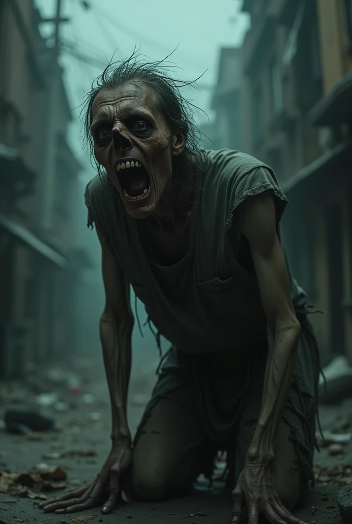 Scary,zombie man,walking dead,(best quality,8k,height,Masterpiece:1.2),Very detailed,(realistic,photorealistic,photo-realistic:1.37),The atmosphere is gloomy.,Mystical Light,Horror genre,disgusting,rotting flesh,Blood spatter,Rotting clothes,Sharp teeth,empty eyes,horror movie scene,Abandoned roads,Post-apocalyptic settings,Hordes of zombies,horror makeup,A haunted expression,living things that never die,creepy shadow,The atmosphere was ominous.,disturb,terrifying,nightmare,งานศิลปะที่disgusting,Dark and twisted,horror Masterpiece,Scary,Ghoul,evil appearance,disgusting scenery,horror art,Screaming like crazy,บรรยากาศScary,bokeh