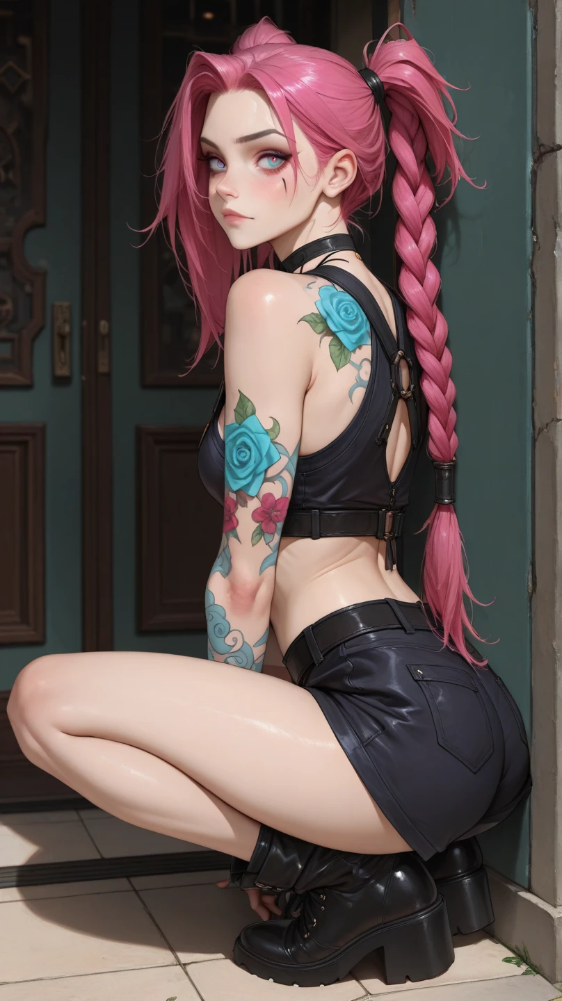 Women, early 20s, short silky pink hair, gold armlet, gold bracelet, golden eyes, seductive look, black tattoo, shiny skin, arm tattoo, swimwear, T-back string, Back tattoo. Tattoo on the thighs, ass tattoo. Strapless. Dragon tattoo, Japanese letters tattoo.