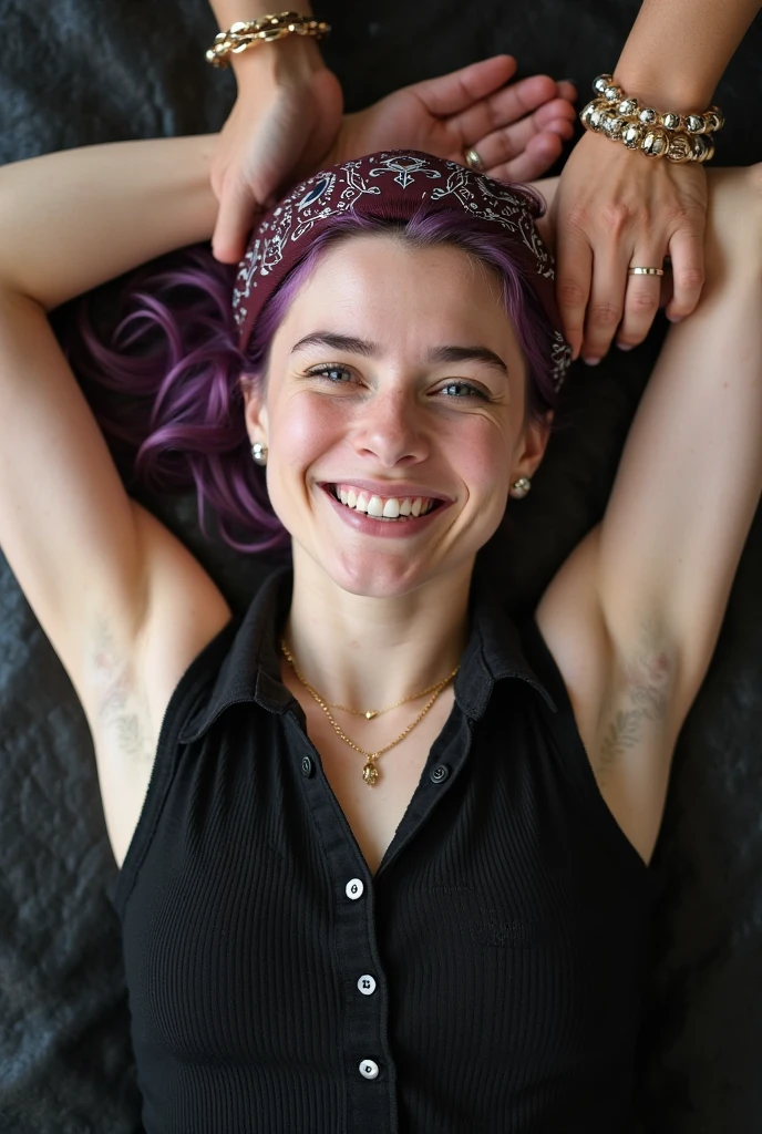 hairy armpits, 43 year old, symmetrical breasts, eyes closed, 1970s, vintage sexually suggestive photo of a woman, Blue hair, 
(smelling:1.2 Brown and Black floral flowers),   Pink eye shadow,
soft lighting, high quality, film grain, Fujifilm XT3 <lora:add_detail:0.8> <lora:LowRA:0.8>  <lora:HAv2.0:0.4>