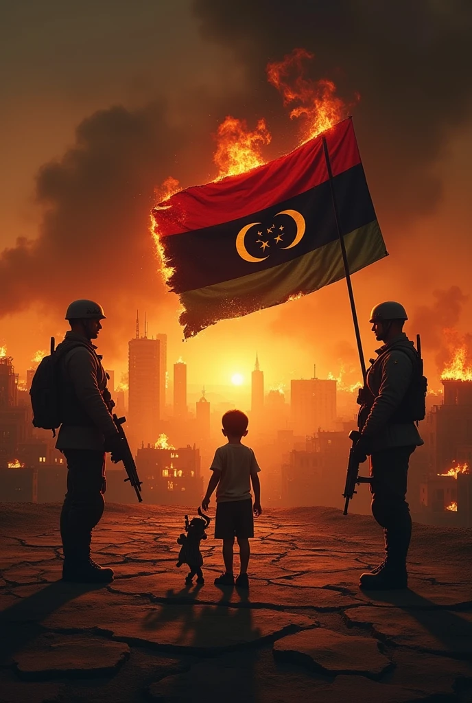 Photography of 3 childrens playing war games, carrying the Indonesian flag, one has curly hair, the other has black skin, laughing happily, Indonesian independence day theme, epic compotition, dramatic angle and light